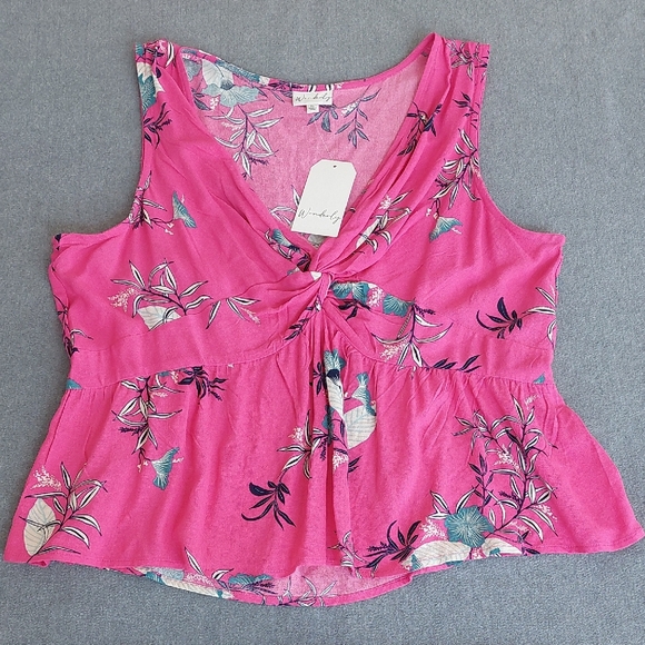 Wonderly Tops - Wonderly Dotty Floral Twist-Front Tank Top Pink XL NWT